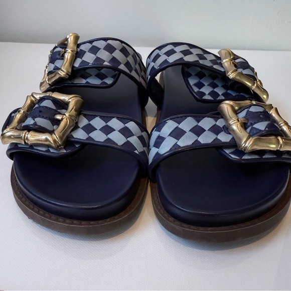 SCHUTZ Enola Sporty Blue Leather Bamboo Gold Buckle Sandal Slide 8.5 - Picture 5 of 11